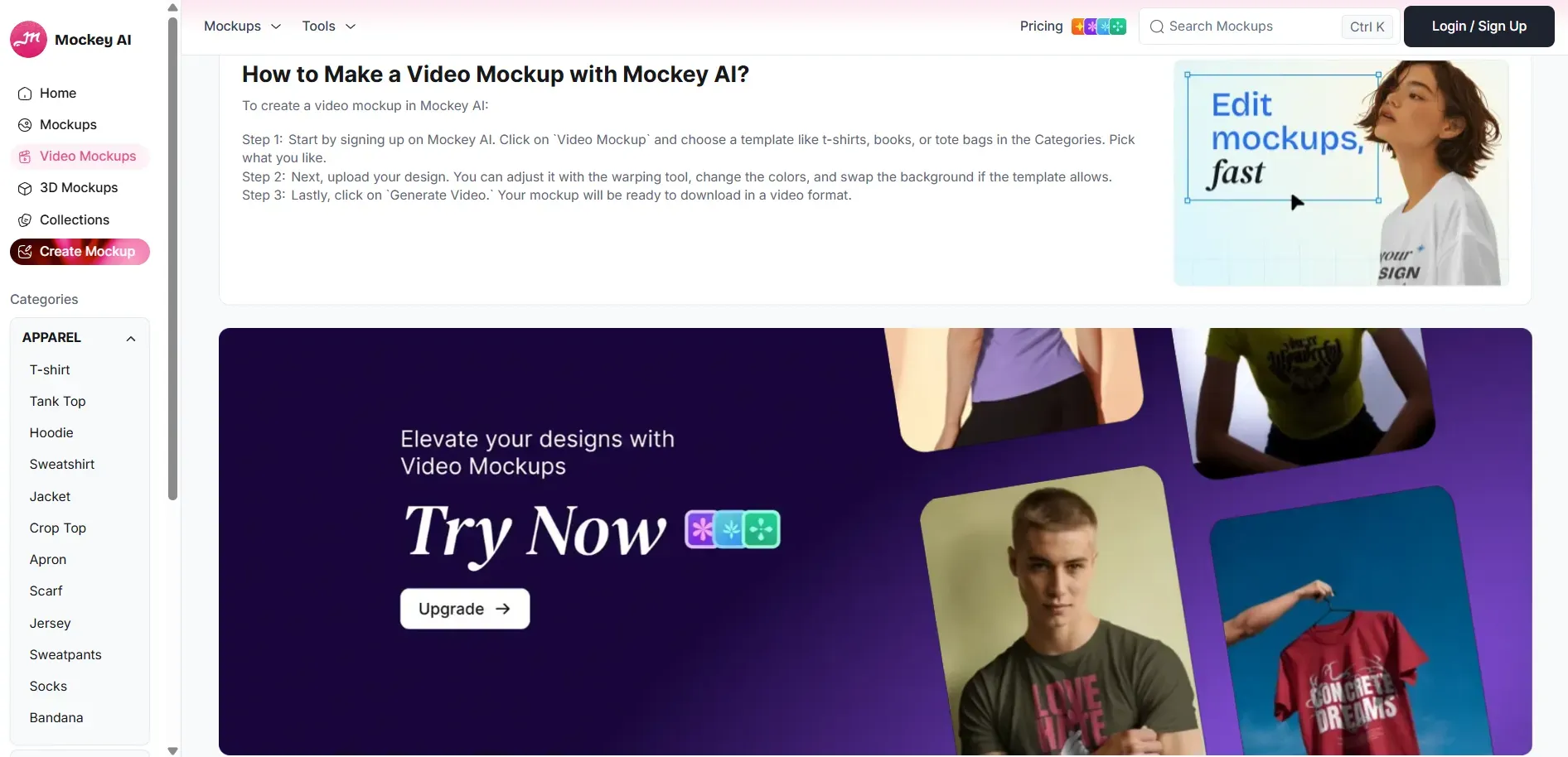 Mockey AI video mockups page displaying animated apparel templates